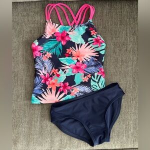 Cat & Jack Tropical Pink Floral + Navy Blue Tankini Two Piece Swimsuit 🌺 XS 4/5